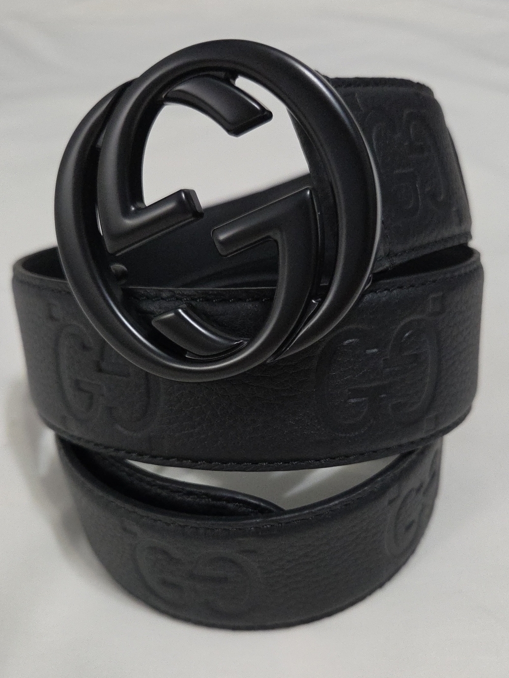 Gucci Black Leather Monogram Belt Black Double GG Buckle